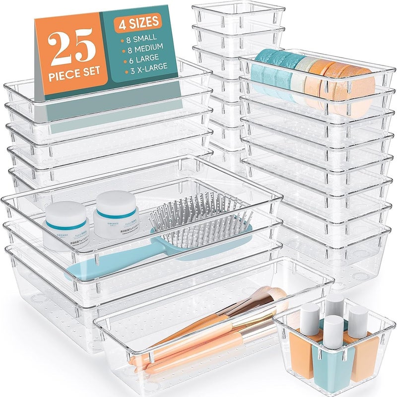 WOWBOX 25 PCS Clear Plastic Drawer Organizer Set, 4 Sizes Desk Drawer Divider Organizers and Storage Bins for Makeup, Jewelry, Gadgets for Kitchen, Bedroom, Bathroom, Office - Image 1